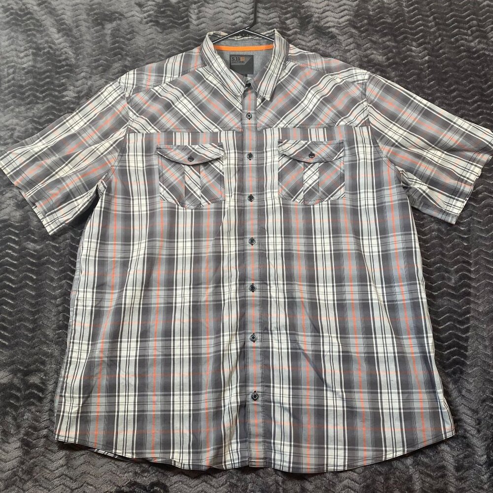 5.11 Tactical Plaid Short Sleeve Button-Up Shirt Gray/Orange Mens Size XL